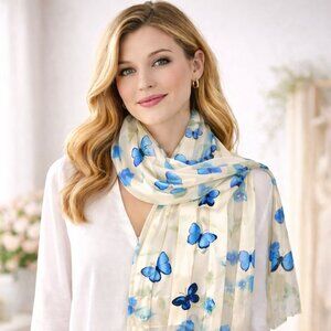 Blue Butterfly Scarf Fashion Accessory Long Silky Sheen Lightweight Dressy Wrap